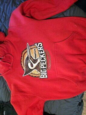 Big Peckers Woodworking Hoodie Mens L Red Pullover Funny Woodpecker Graphic